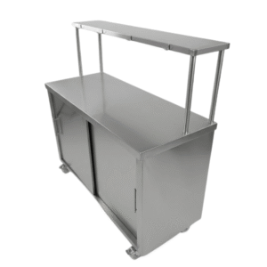 • Tablero superior en acero 304 con acabado liso • Estructura tubular reforzada en acero inoxidable 304 • Repisa superior integrada en acero inoxidable 304 • Compartimentos internos en acero 304 para almacenamiento • Ruedas industriales para fácil desplazamiento • Material anticorrosivo y de fácil limpieza • Ideal para atención, despacho y apoyo en áreas gastronómicas