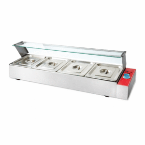 • Termostato manual regulable. • Potencia: 1500W • 4 Bandejas de ½ de Acero Inox.(32,5 * 26,5*10cm) • Vidrio protector. • Dimensiones del equipo: 124.5 * 35 * 37 cm • Estructura de acero inoxidable. • Peso bruto: 13 kg