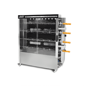 • Capacidad: 40 kg (20 pollos) • Contiene 4 quemadores infrarojo y 4 espadas. • Tiempo estimado de cocción: 1,5h • Medidas del horno: 115 • frente 48 fondo 123 alto cm. • Consumo de gas: 0,8 kg/hora. • Consumo de energia: 0,18kw/h. • Peso: 67kg. • Estructura de Acero Inoxidable.