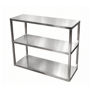 Material: Acero inoxidable 304 Especificaciones técnicas: • Estructura de 03 niveles • Soportes reforzados • Fijación mural • Acabado en acero inoxidable pulido Características: • Aprovechamiento vertical del espacio • Diseño compacto • Resistente a la corrosión Uso: • Organización de utensilios, insumos o equipos • Uso doméstico e industrial Dimensiones: • Fabricación según diseño y requerimiento