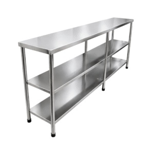 Material: Acero inoxidable 304 Especificaciones técnicas: • Tablero superior en acero inoxidable • 03 niveles de repisas inferiores • Estructura con patas tubulares reforzadas • Refuerzos estructurales para alta carga • Acabado pulido sanitario • Regatones en patas Características: • Gran capacidad de almacenamiento • Diseño robusto y estable • Ideal para trabajo intensivo • Fácil limpieza Uso: • Preparación de alimentos • Organización de utensilios e insumos • Cocinas industriales y negocios gastronómicos Dimensiones: • Fabricación según diseño y requerimiento
